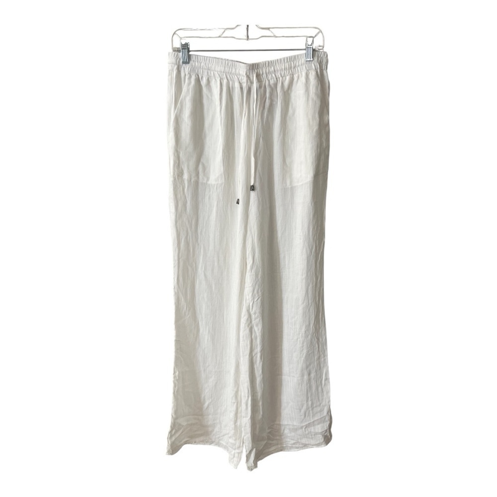 Suzanne Betro White Light Flow Pants ( Linen Feel) Wide Leg Size L NWT
